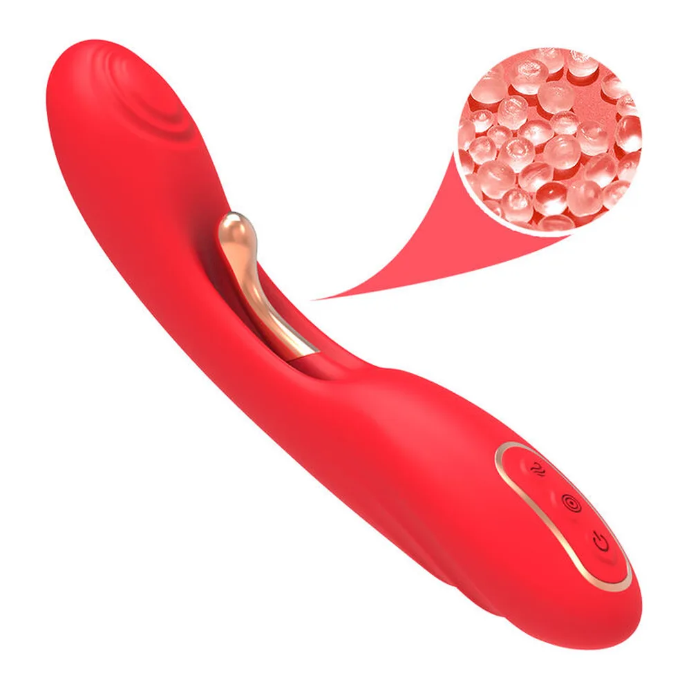 Vibromasseur langue oscillante rouge en silicone avec emballage, affichant trois boutons de commande sur le côté et motifs colorés sur la boîte