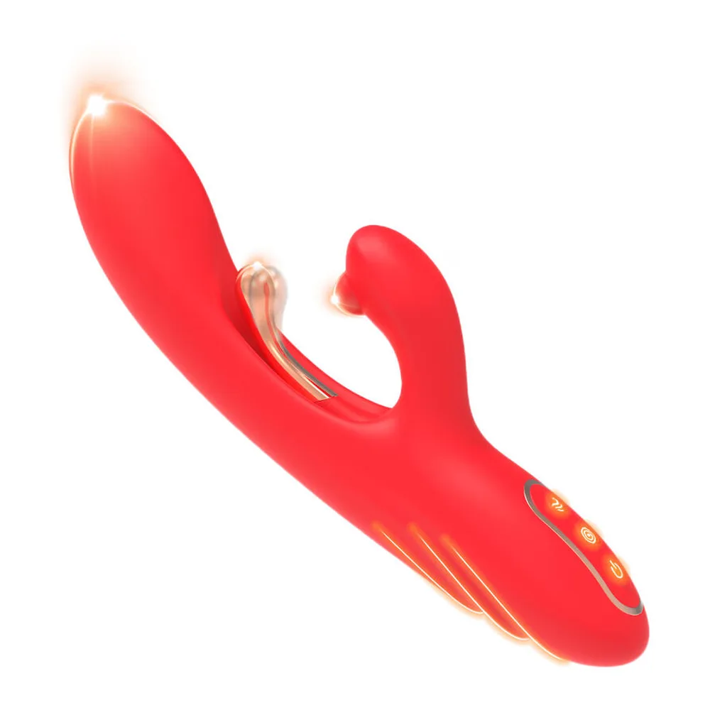 Vibrateur rouge en silicone avec languette plate pour stimulation clitoridienne et tige courbe, présenté avec son emballage blanc et gris