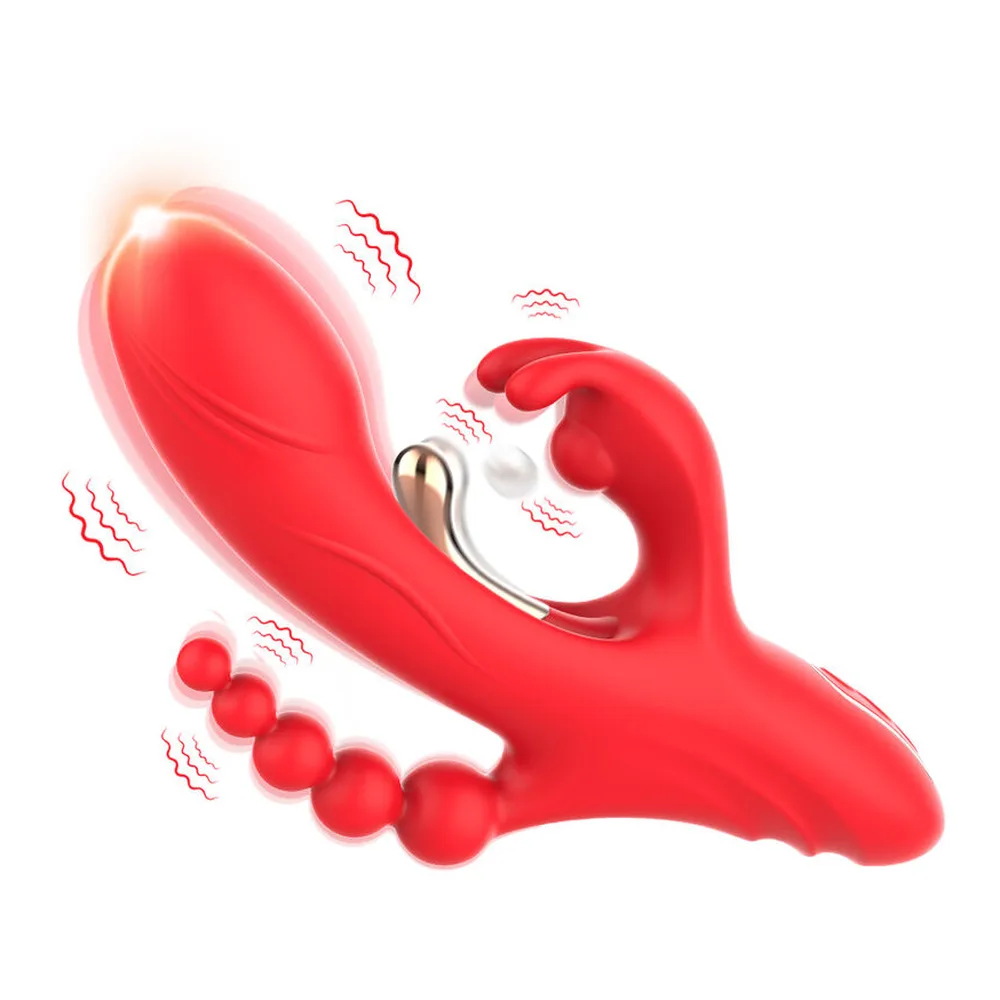 Schéma de dimensions d'un stimulateur rouge en silicone avec trois bras : un central à perles, un supérieur courbe, et deux latéraux dont un coudé. Mesures indiquées en millimètres et pouces