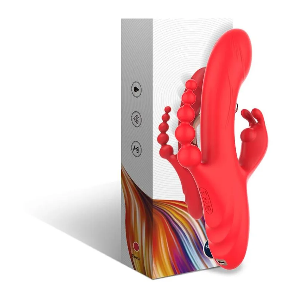 Stimulateur clitoridien rouge silicone trois bras, autre vue 7
