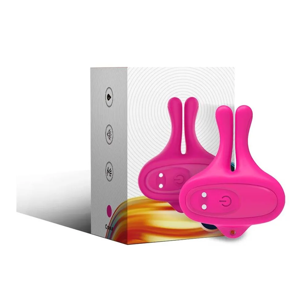 Deux pinces à seins en silicone rose vif avec extensions en forme d'oreilles de lapin, affichage des commandes tactiles et du boîtier blanc avec schéma des trois niveaux de contrôle