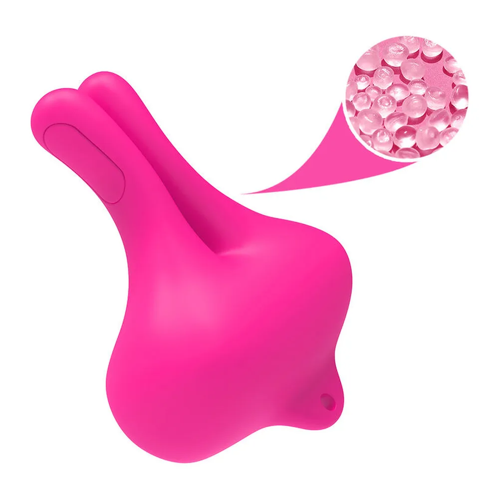 Deux pinces à seins en silicone rose vif avec extensions en forme d'oreilles de lapin, affichage des commandes tactiles et du boîtier blanc avec schéma des trois niveaux de contrôle