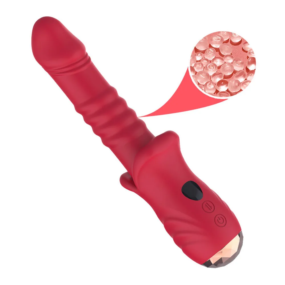 Vibromasseur rose fuchsia avec tête arrondie texturée, corps nervuré et stimulateur clitoridien orientable, commandes et détail des picots visibles