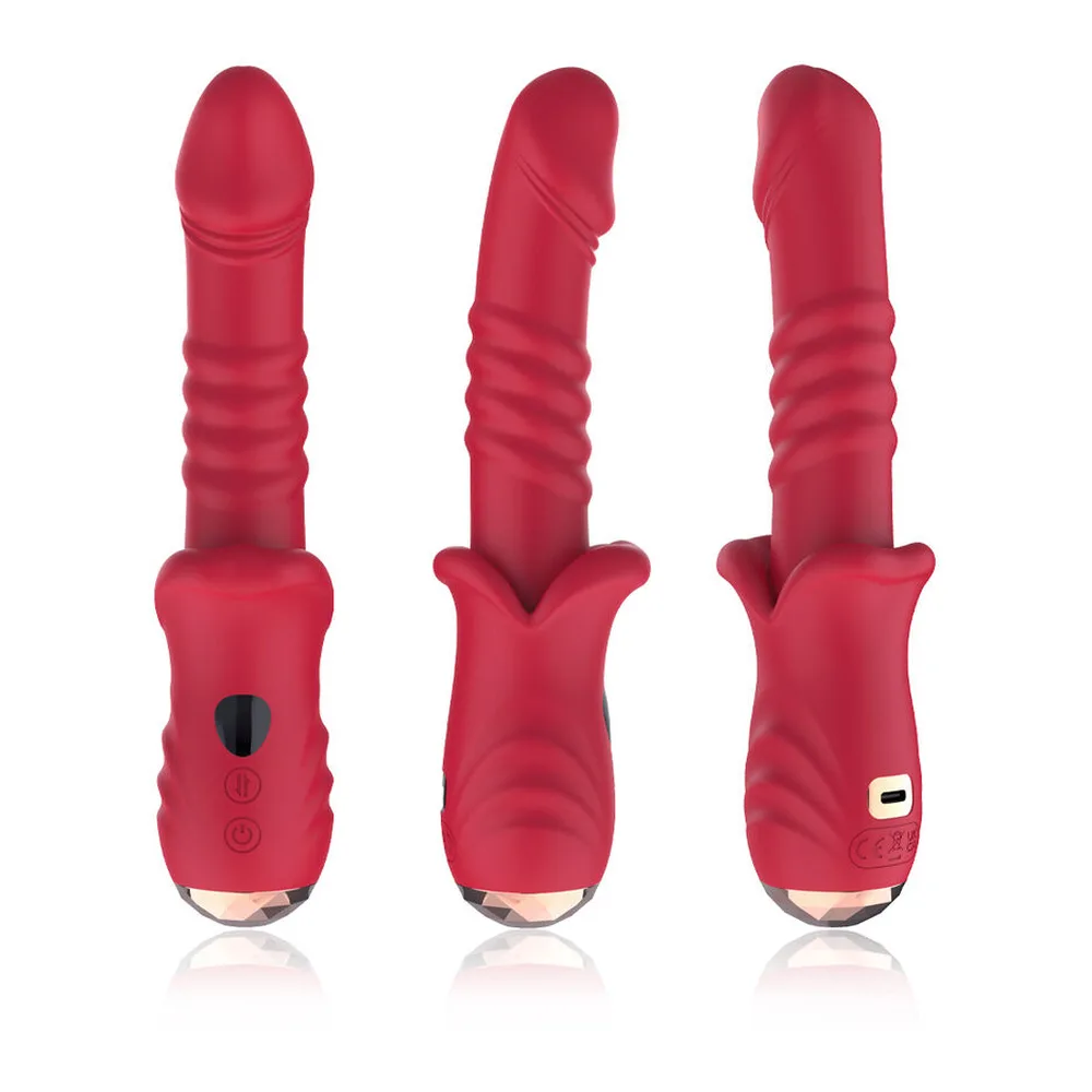 Vibromasseur rose fuchsia avec tête arrondie texturée, corps nervuré et stimulateur clitoridien orientable, commandes et détail des picots visibles
