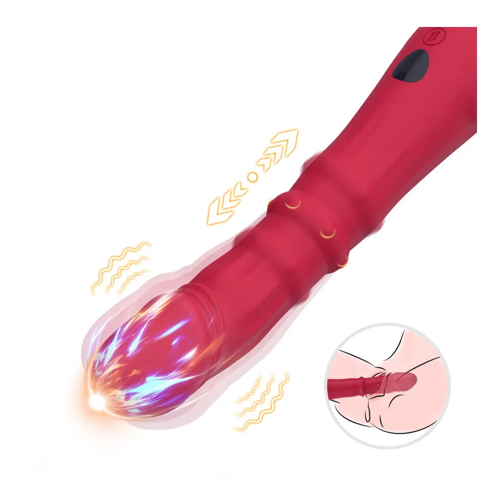 Vibromasseur point G rouge foncé avec extrémité en verre iridescent bleu-rose, col articulé, bouton de contrôle et orifice d'insertion visible en haut, sur fond blanc avec symboles de chaleur et détail de pénétration en médaillon