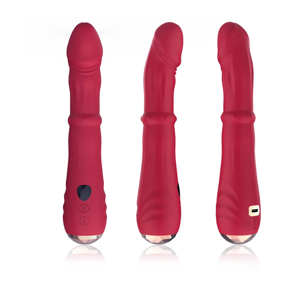 Vibromasseur point G rouge foncé avec extrémité en verre iridescent bleu-rose, col articulé, bouton de contrôle et orifice d'insertion visible en haut, sur fond blanc avec symboles de chaleur et détail de pénétration en médaillon