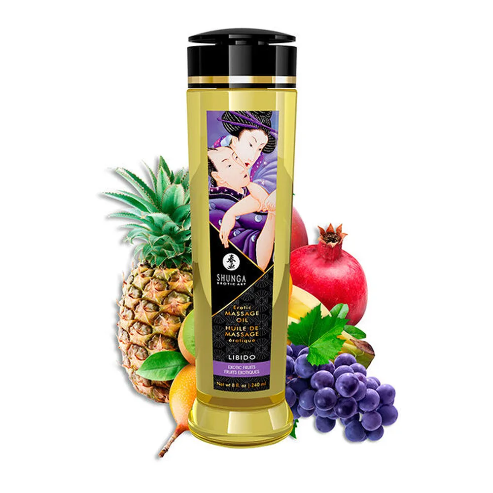 Flacon de 240 ml d'huile de massage jaune transparent avec étiquette noire ornée d'un motif asiatique, entouré d'ananas, de grenade, de raisins noirs et de feuilles vertes sur fond blanc