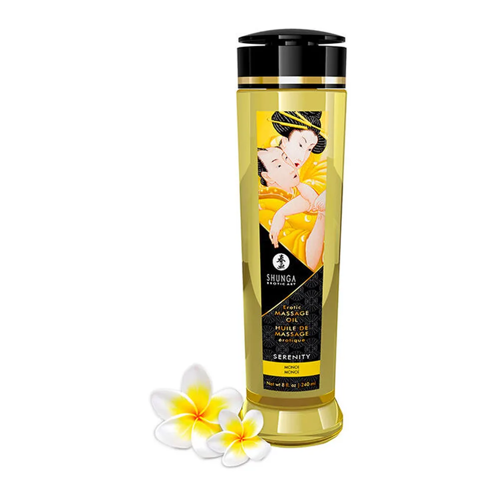 Flacon de 240 ml d'huile de massage Shunga translucide jaune or, avec bouchon noir et étiquette illustrée d'une femme en tenue jaune, accompagné de fleurs blanches et jaunes