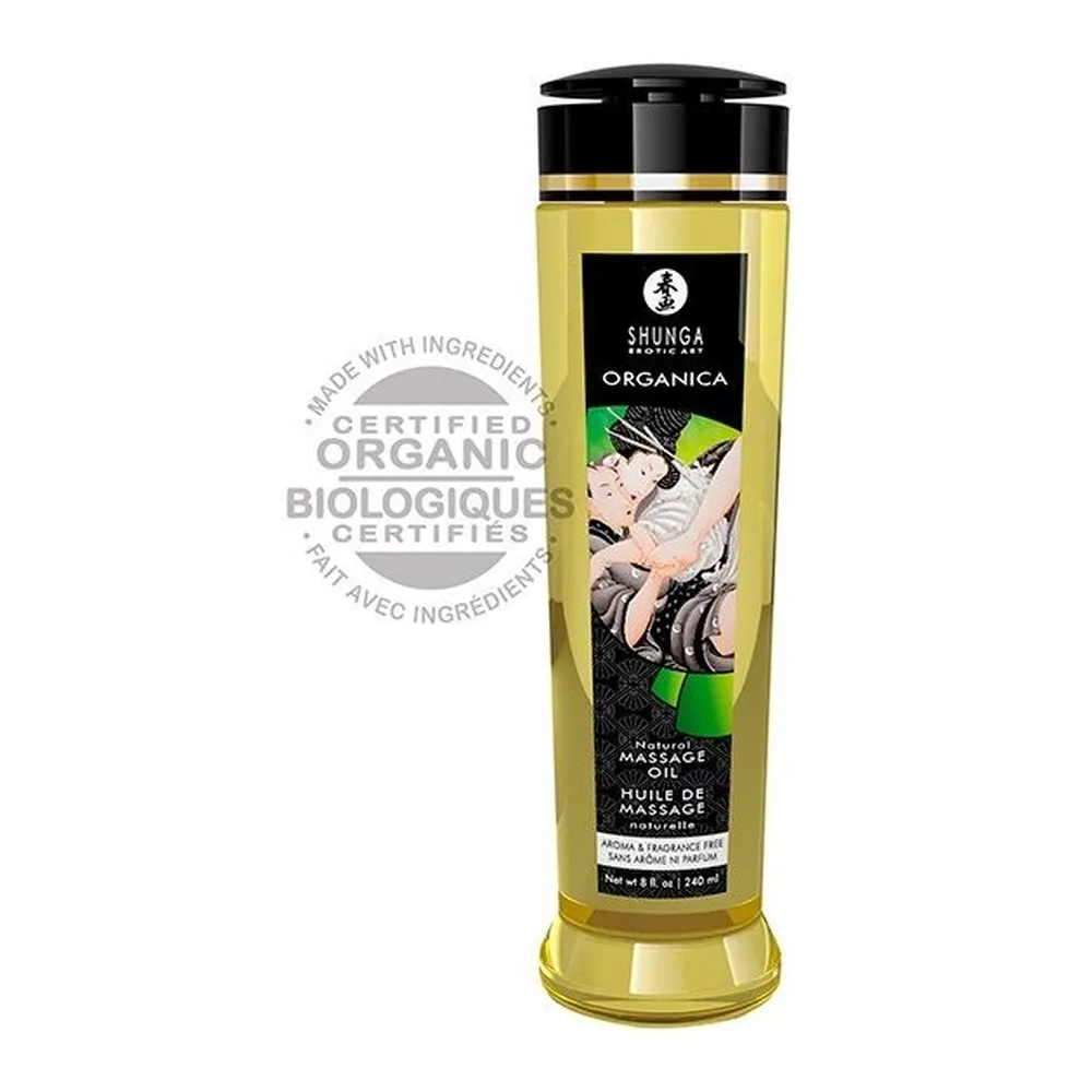 Flacon de 240 ml d'huile de massage bio Shunga Organica à base d'amande douce, liquide doré clair, avec bouchon noir et étiquette noire et verte certifiée biologique