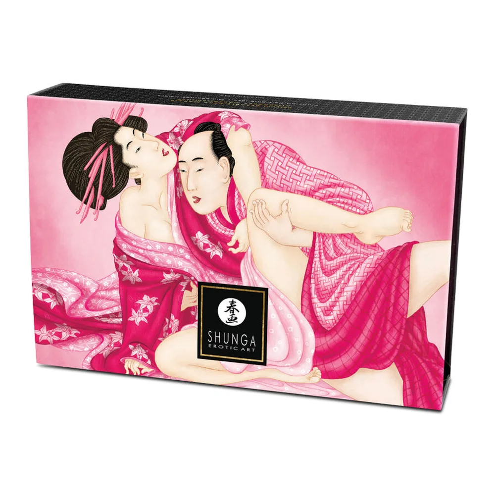 Boîte de poudre de massage Shunga avec illustration rose et fuschia montrant deux personnages en tenue traditionnelle, houppette en plumes noire visible en haut