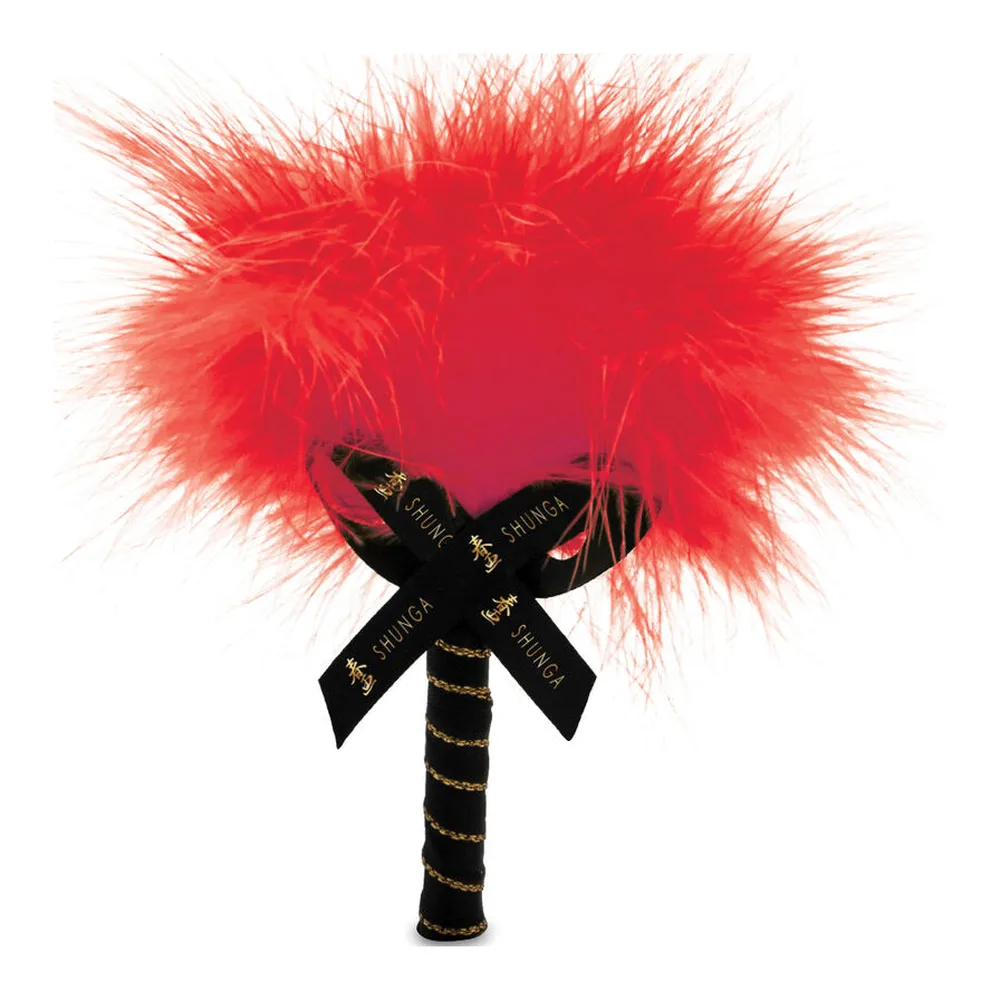 Boîte de kit de massage Shunga sur fond rouge, illustrée de deux figures en kimonos colorés, avec logo noir et texte blanc, emballage avec pinceau plume visible