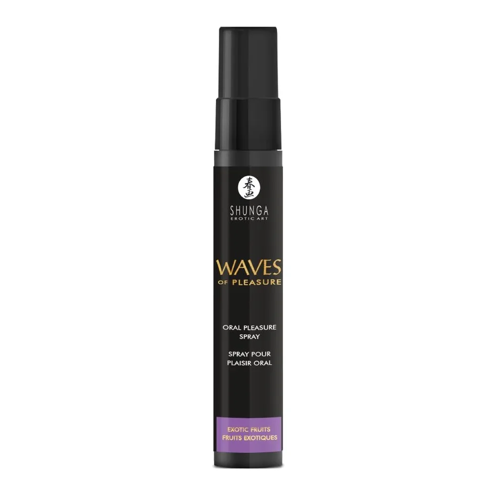 Flacon pulvérisateur noir Shunga Waves of Pleasure, spray oral comestible aux fruits exotiques, avec étiquette dorée et bande mauve