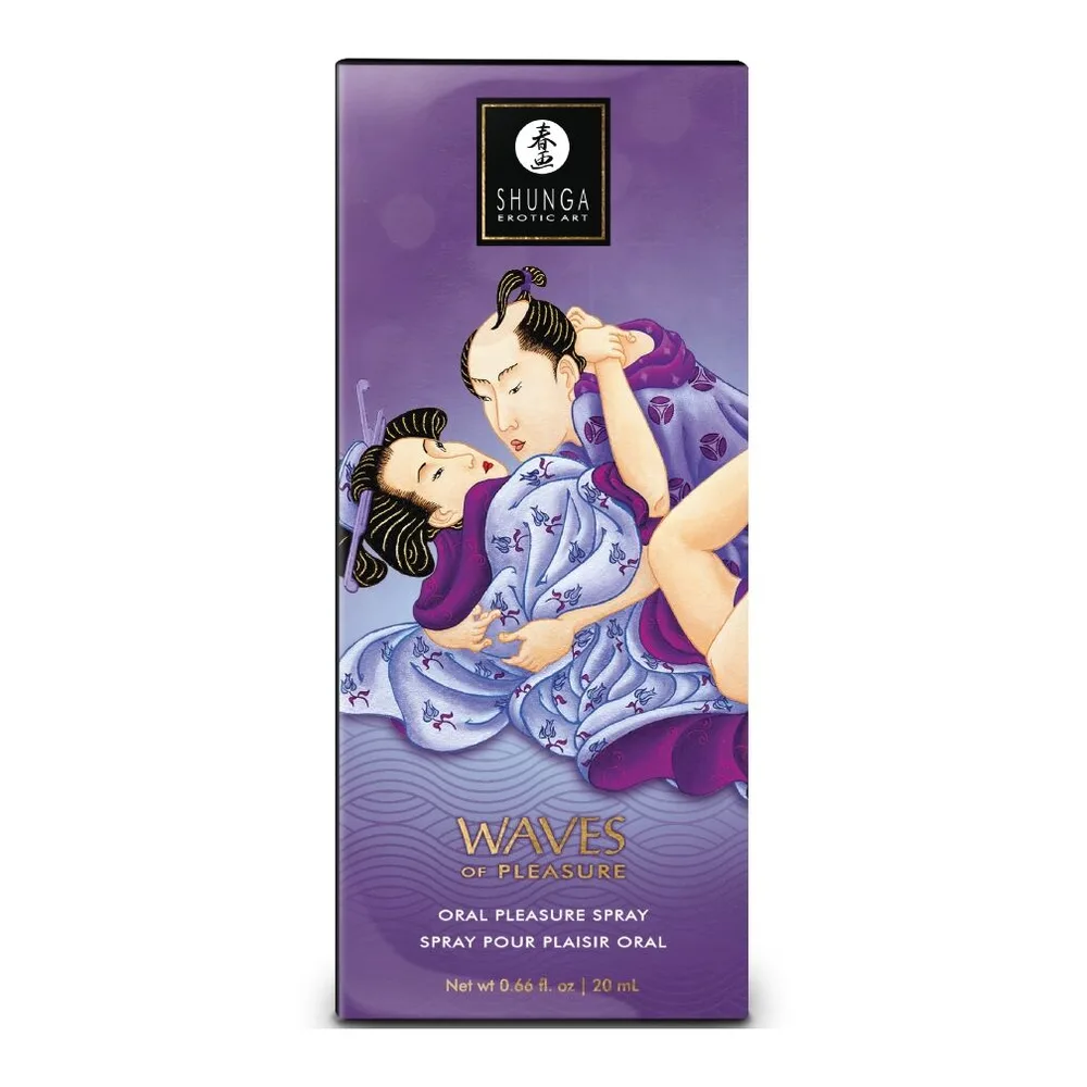 Flacon pulvérisateur noir Shunga Waves of Pleasure, spray oral comestible aux fruits exotiques, avec étiquette dorée et bande mauve