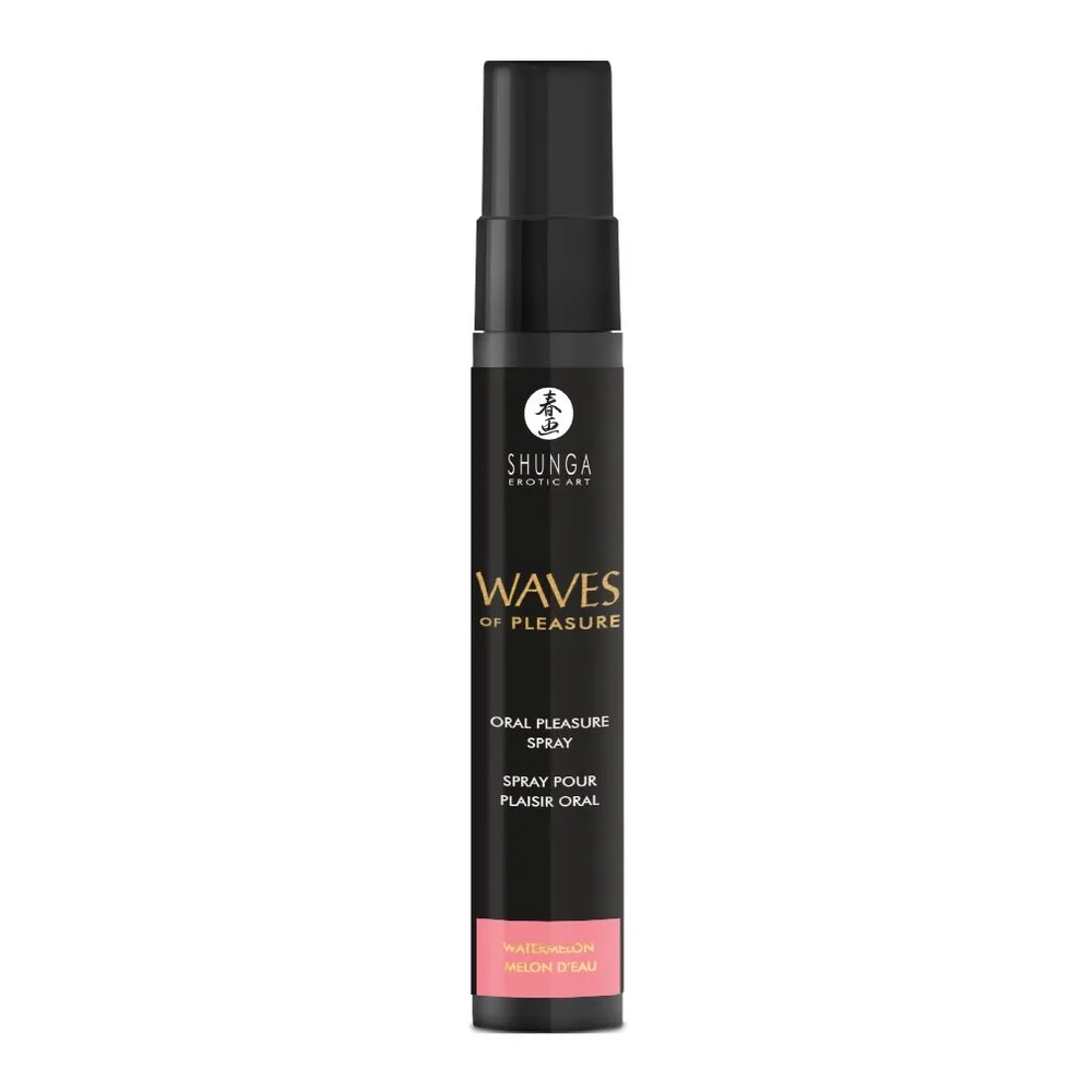 Flacon spray noir de lubrifiant comestible Shunga Waves of Pleasure, arôme pastèque, avec bandeau rose sur l'étiquette et embout pulvérisateur
