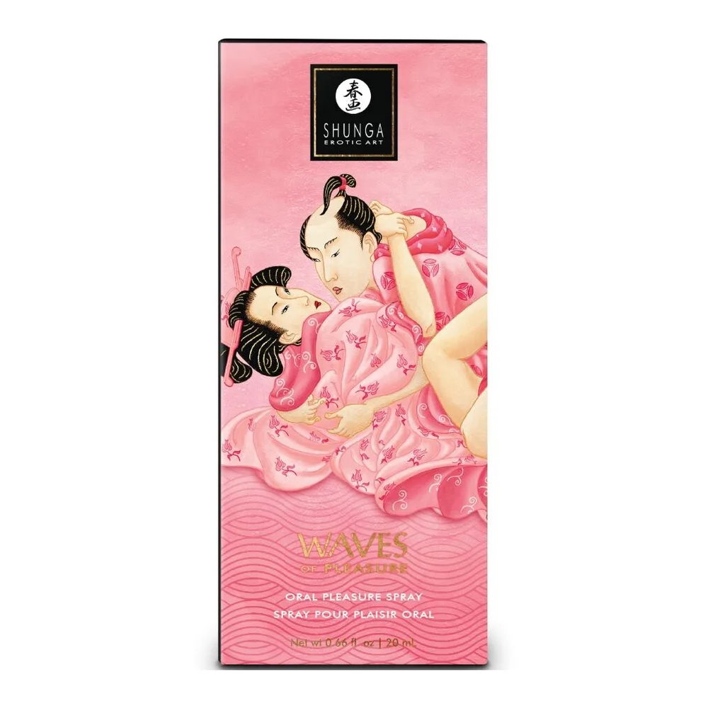Flacon spray noir de lubrifiant comestible Shunga Waves of Pleasure, arôme pastèque, avec bandeau rose sur l'étiquette et embout pulvérisateur