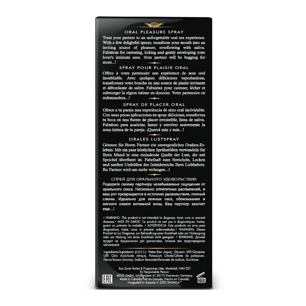 Emballage noir du spray buccal Waves Pleasure Spray arôme fraise, avec texte en plusieurs langues décrivant le mode d'emploi et les instructions de sécurité