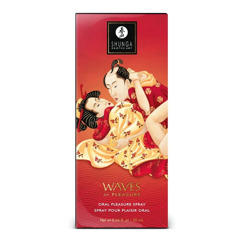 Emballage noir du spray buccal Waves Pleasure Spray arôme fraise, avec texte en plusieurs langues décrivant le mode d'emploi et les instructions de sécurité