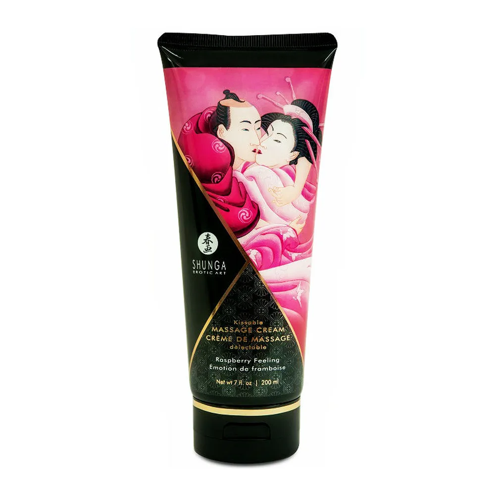Tube de crème de massage Shunga rose vif et noir avec illustration de deux personnages en style asiatique, 200 ml, parfum framboise