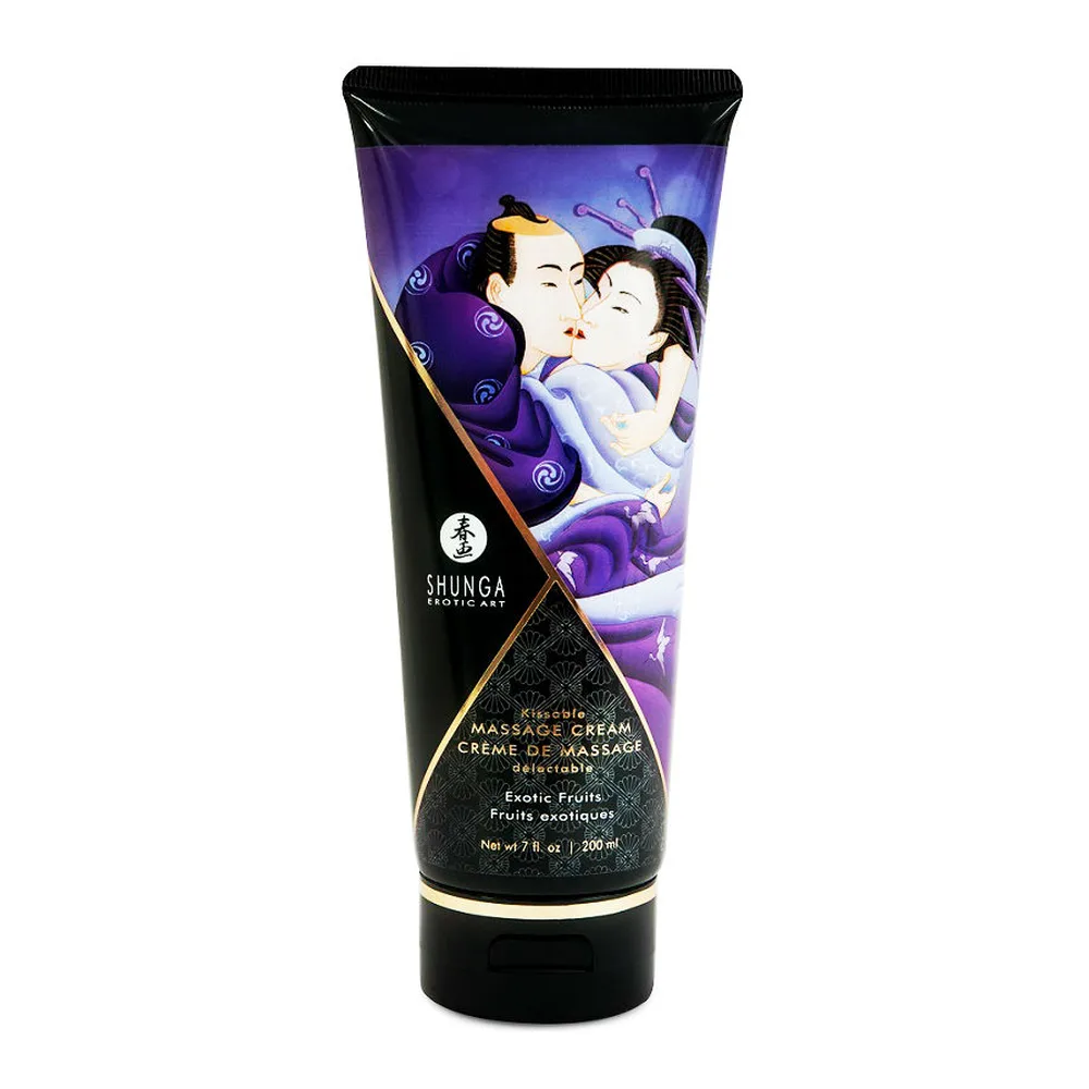 Tube de crème de massage Shunga noir et violet orné d'illustrations de deux personnages, avec inscriptions de marque et composition aux fruits exotiques, 200 ml