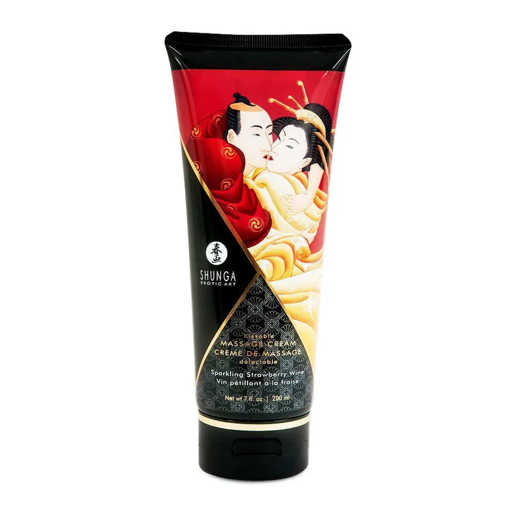 Tube de crème de massage Shunga fond noir et rouge vif, illustré de deux personnages en tenue traditionnelle asiatique dorée, étiquette noire détaillant fraise cava