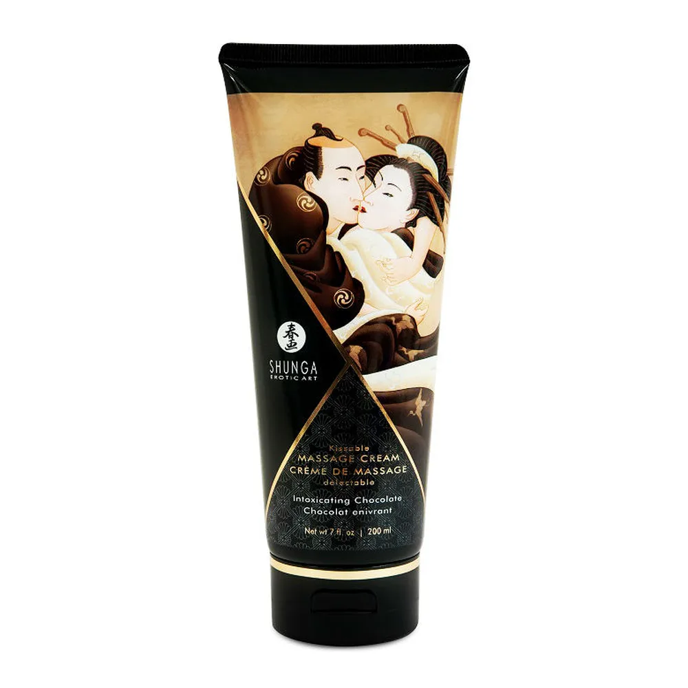 Tube noir et doré de crème de massage au chocolat Shunga, 200 ml, avec illustration de deux personnages enlacés sur l'emballage, fond blanc