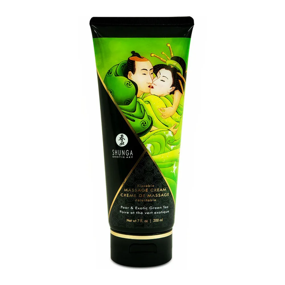 Tube de crème de massage Shunga vert et noir avec illustration asiatique, senteur poire et thé vert exotique, 200 ml