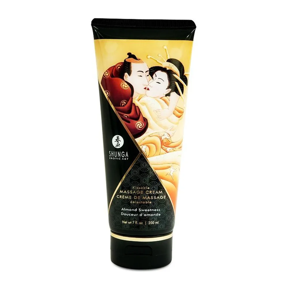 Tube de crème de massage Shunga à fond noir et jaune, orné d'illustrations asiatiques, contenance 200 ml, parfum amandes douces
