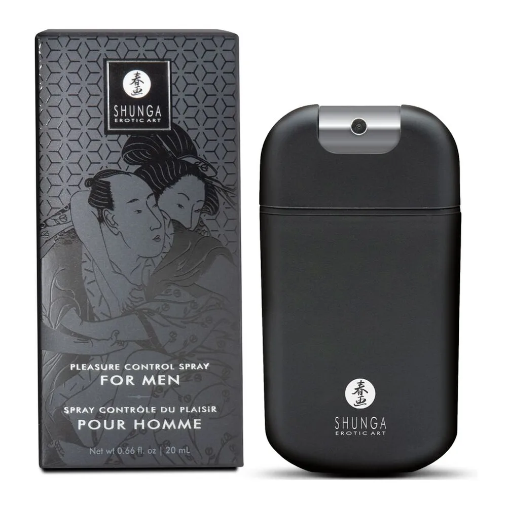 Emballage noir d'un spray contrôle plaisir Shunga pour homme, orné de gravures érotiques asiatiques en gris, texte bilingue français-anglais, flacon de 20 ml