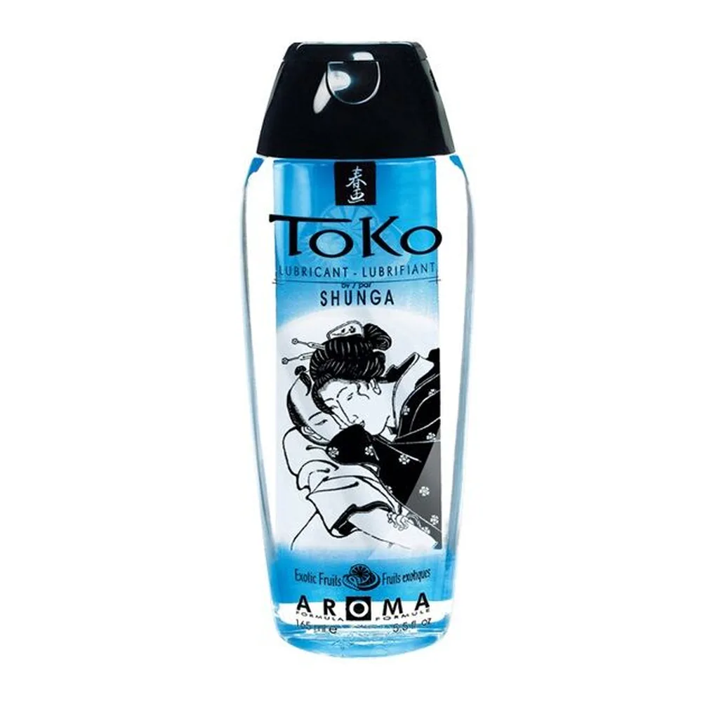 Flacon de lubrifiant Toko Shunga à base eau, transparent avec étiquette bleue et noire, design illustré, arôme fruits exotiques indiqué