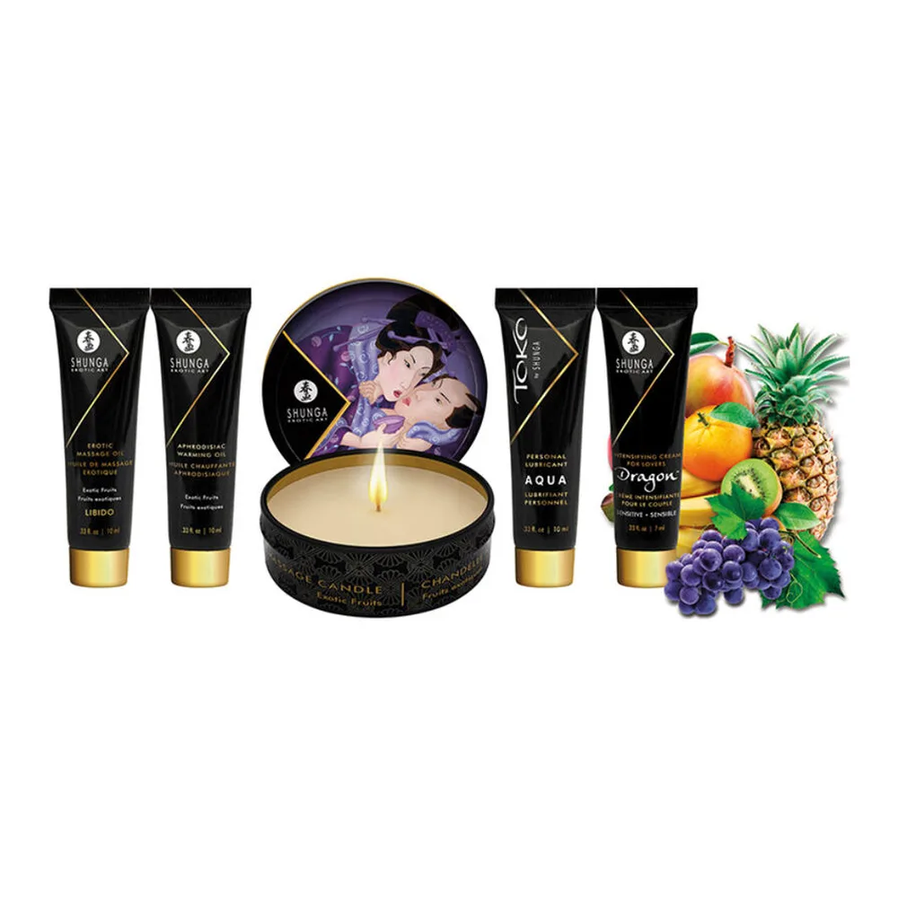 Coffret de découverte contenant une bougie de massage noire aux fruits exotiques, deux gels de massage Shunga en tube noir et doré, deux produits aqua en tube noir et doré, et illustration de fruits tropicaux