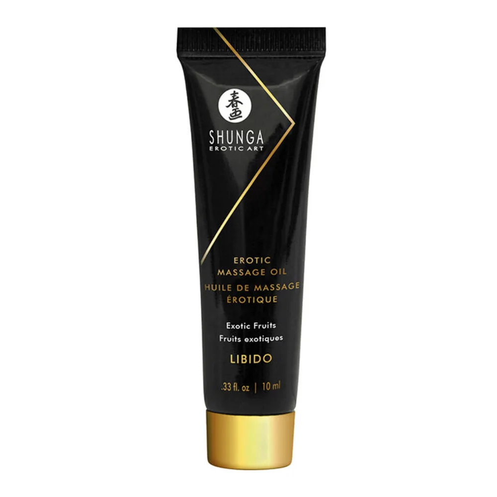 Coffret de découverte contenant une bougie de massage noire aux fruits exotiques, deux gels de massage Shunga en tube noir et doré, deux produits aqua en tube noir et doré, et illustration de fruits tropicaux