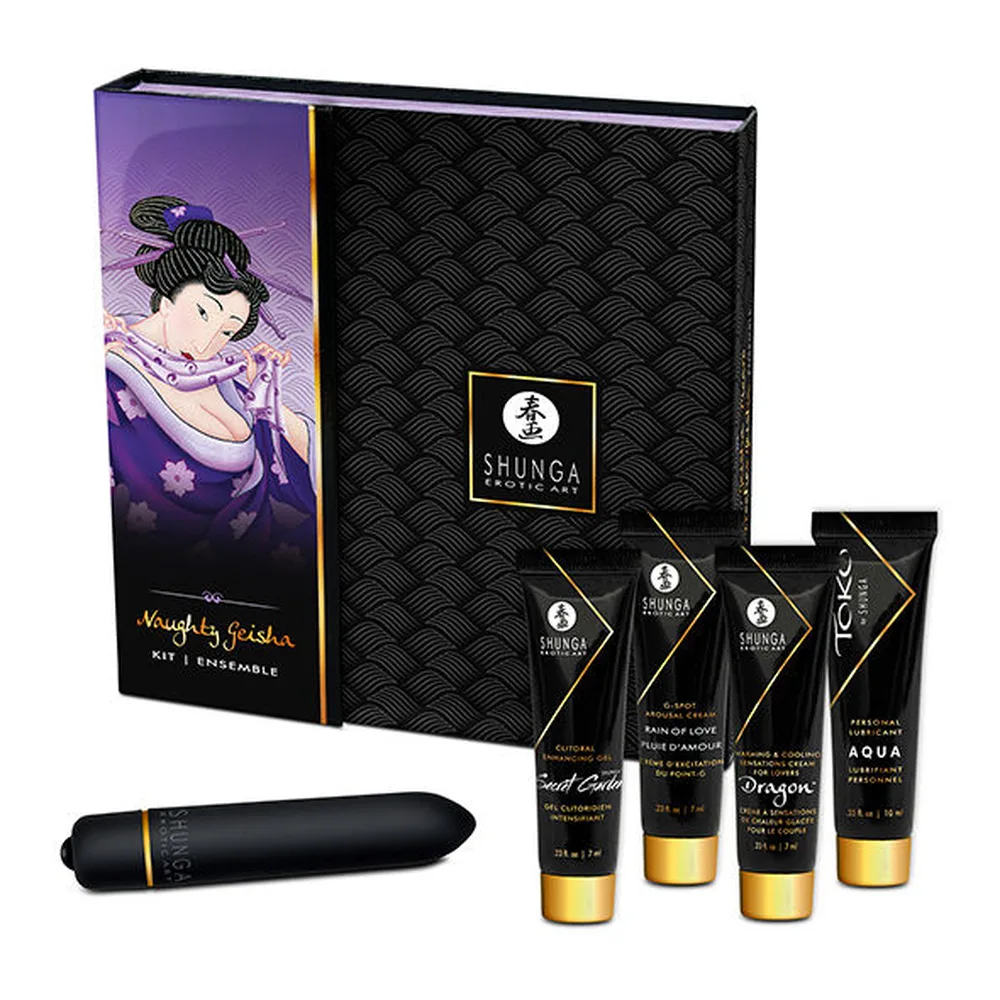 Vibrateur noir allongé à embout pointu, bague dorée au centre, marquage Shunga Erotic Art, sur fond blanc