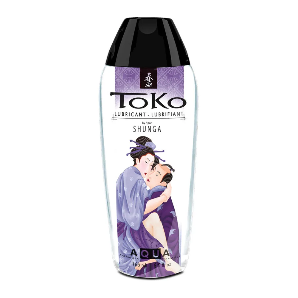 Flacon de lubrifiant Toko Shunga à base d'eau, emballage transparent avec étiquette mauve et noir représentant deux personnages en style asiatique, capuchon noir, contenance 165 ml