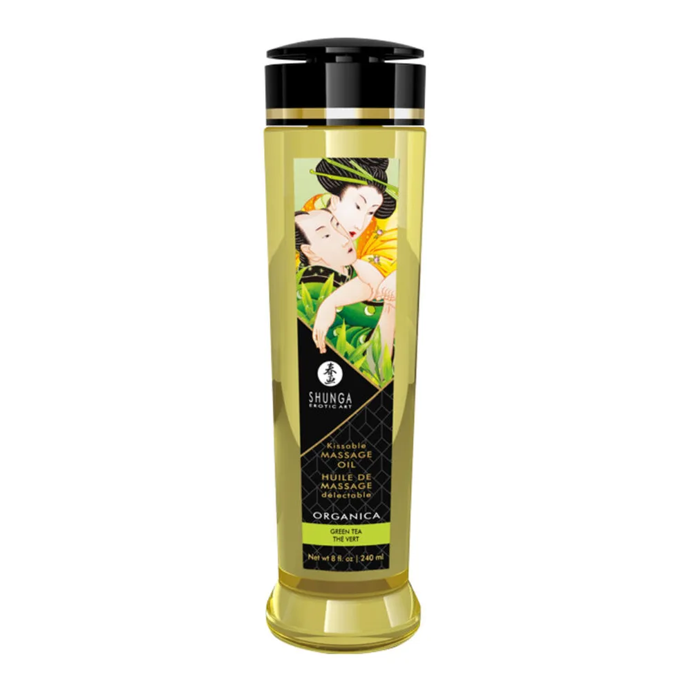 Flacon noir cylindrique Shunga Erotic Art, étiquette noire avec illustration colorée de deux visages et motifs floraux asiatiques, texte blanc « Sensitizing Gel for Lovers, Extrâis Noir », contenance 60 ml