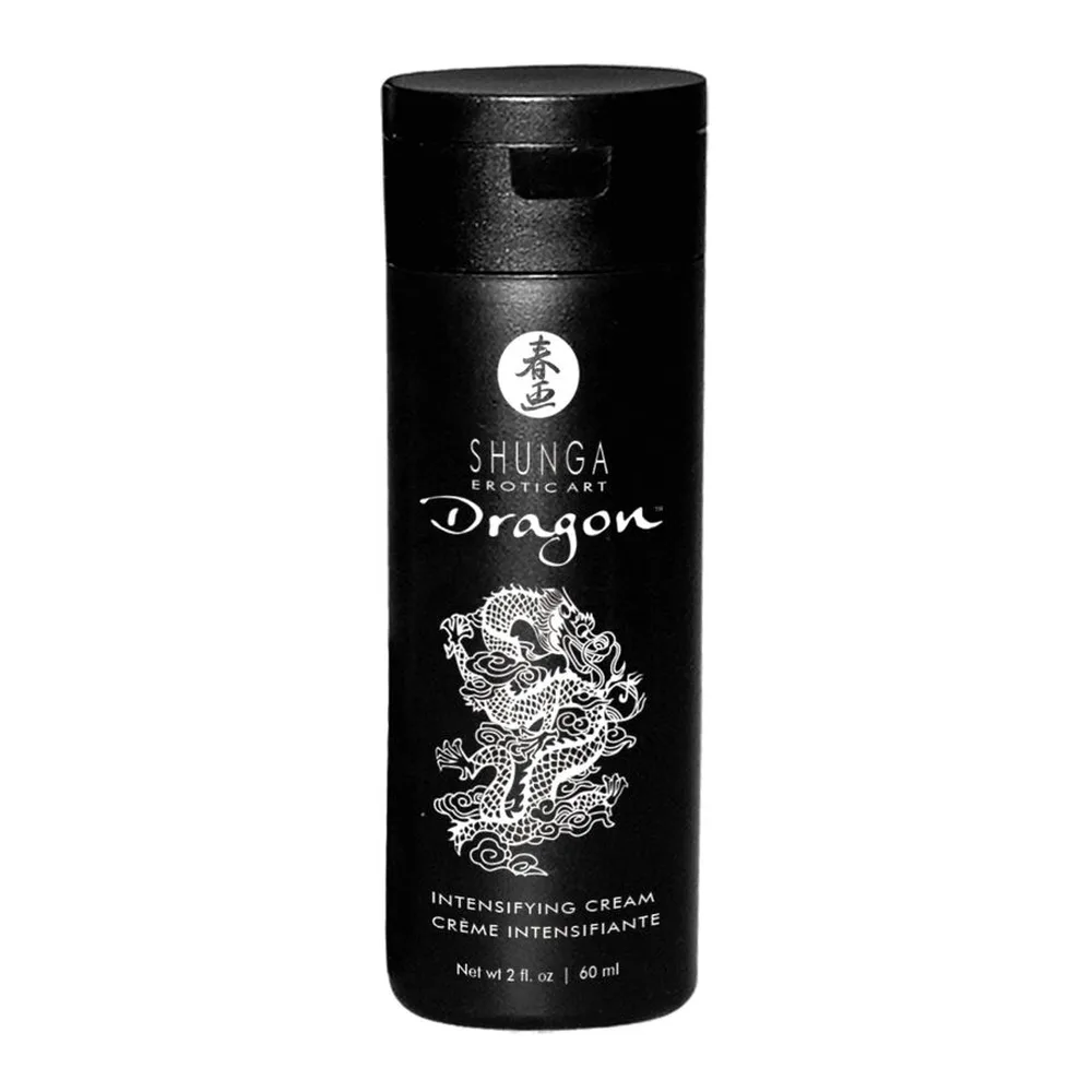 Flacon noir cylindrique de crème Shunga Dragon 60 ml avec étiquette blanche ornée d'un dragon blanc gravé, texte argenté et logo circulaire en haut