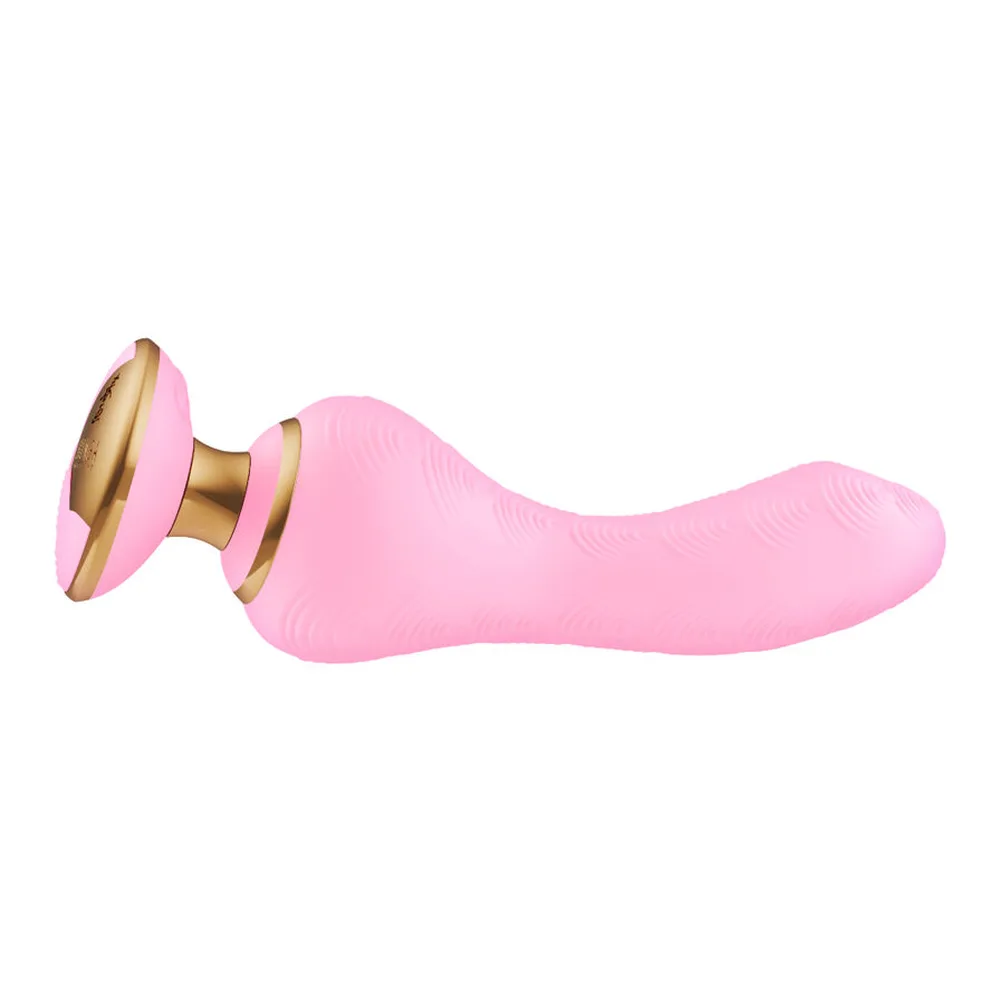 Vibromasseur rose vif avec embout flexible ondulé et base dorée circulaire, sur fond blanc
