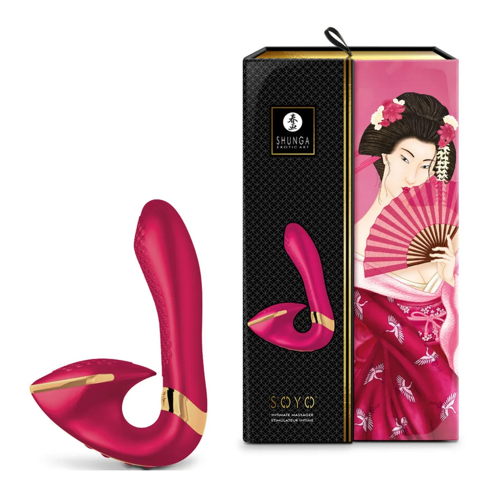 Cinq vibromasseurs aux formes épousées, en silicone lisse, dans les coloris noir, rose vif, rouge cerise, violet et rose pâle, présentant une branche supérieure courbe et une inférieure aplatie, avec détails dorés
