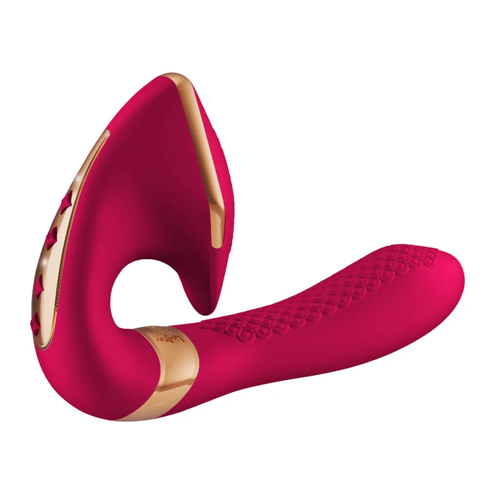 Cinq vibromasseurs aux formes épousées, en silicone lisse, dans les coloris noir, rose vif, rouge cerise, violet et rose pâle, présentant une branche supérieure courbe et une inférieure aplatie, avec détails dorés
