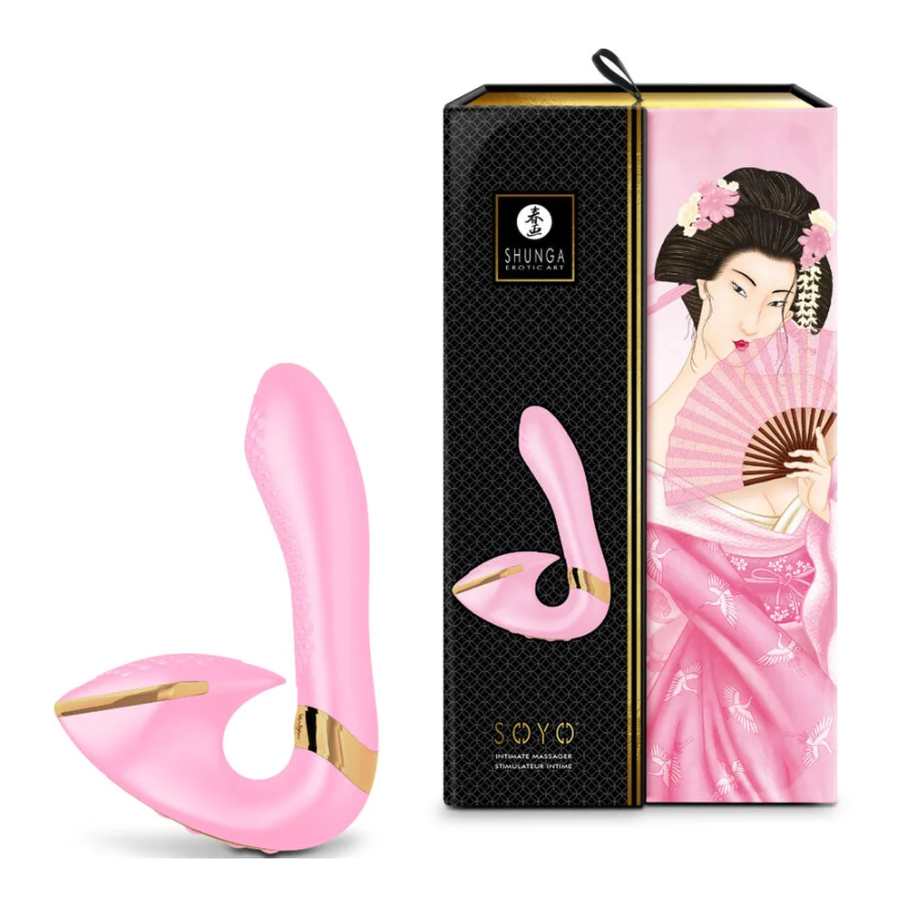 Cinq vibromasseurs aux formes épousées, en silicone lisse, dans les coloris noir, rose vif, rouge cerise, violet et rose pâle, présentant une branche supérieure courbe et une inférieure aplatie, avec détails dorés