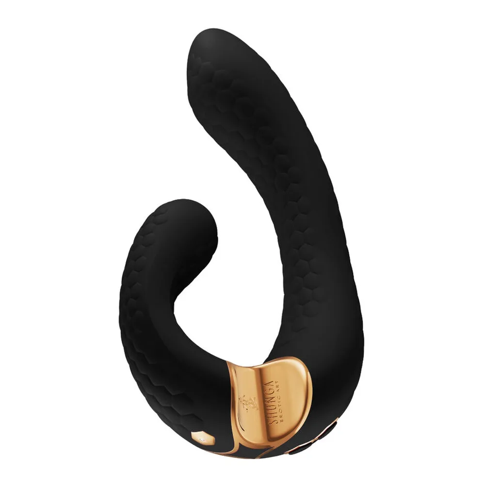 Vibromasseur noir avec deux branches courbes en C, bras texturé de motifs géométriques, anneau de commande doré sur le bras supérieur, fond blanc