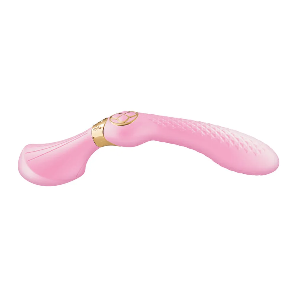 Masseur intime en silicone rose avec embouts arrondis, anneau de contrôle doré, posé sur fond blanc