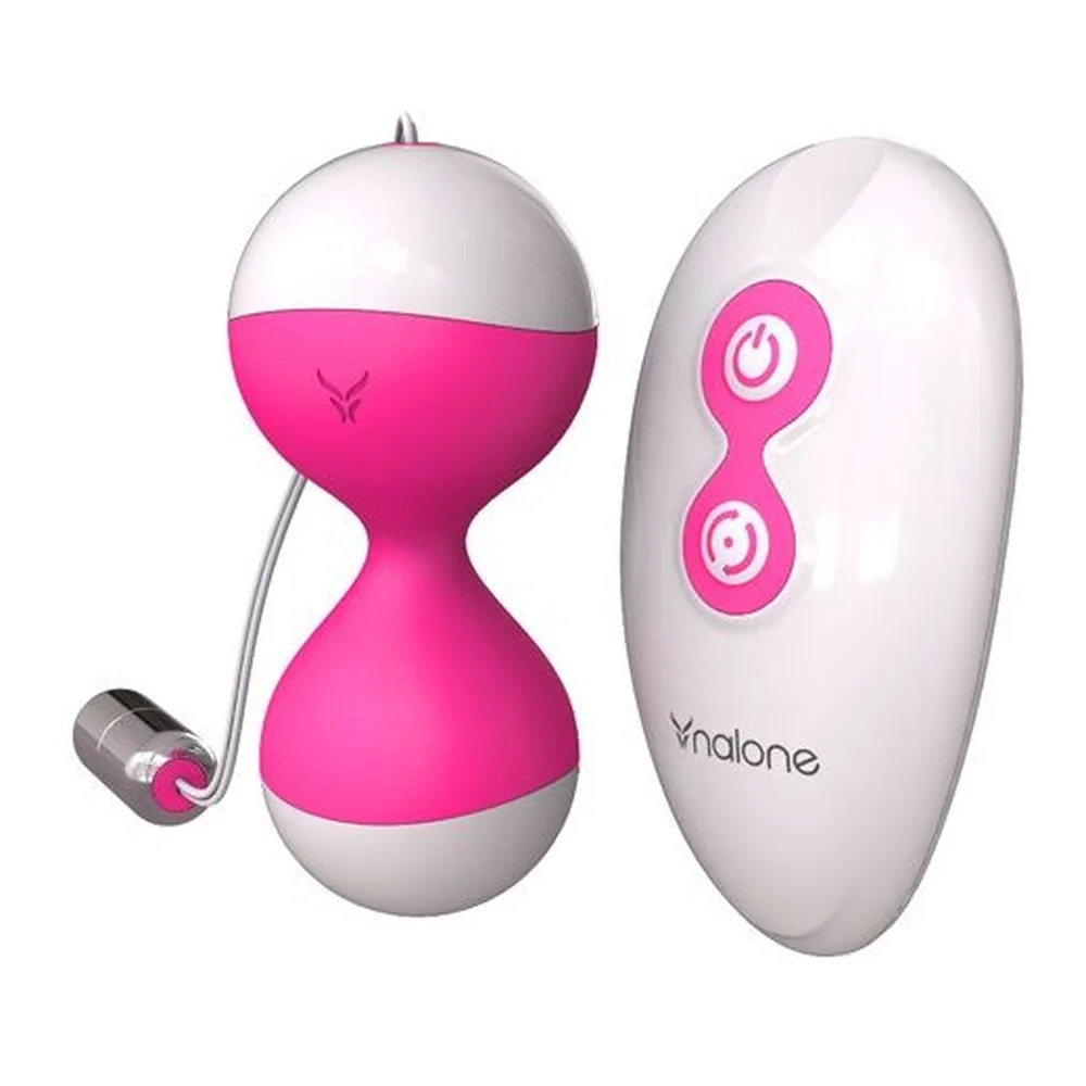 Boule de Geisha Miu Miu rose et blanche avec télécommande sans fil blanche, montrant la boule bilobée et la télécommande dotée de deux boutons circulaires