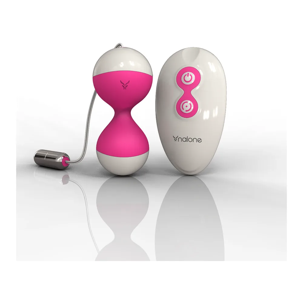 Boule de Geisha Miu Miu rose et blanche avec télécommande sans fil blanche, montrant la boule bilobée et la télécommande dotée de deux boutons circulaires