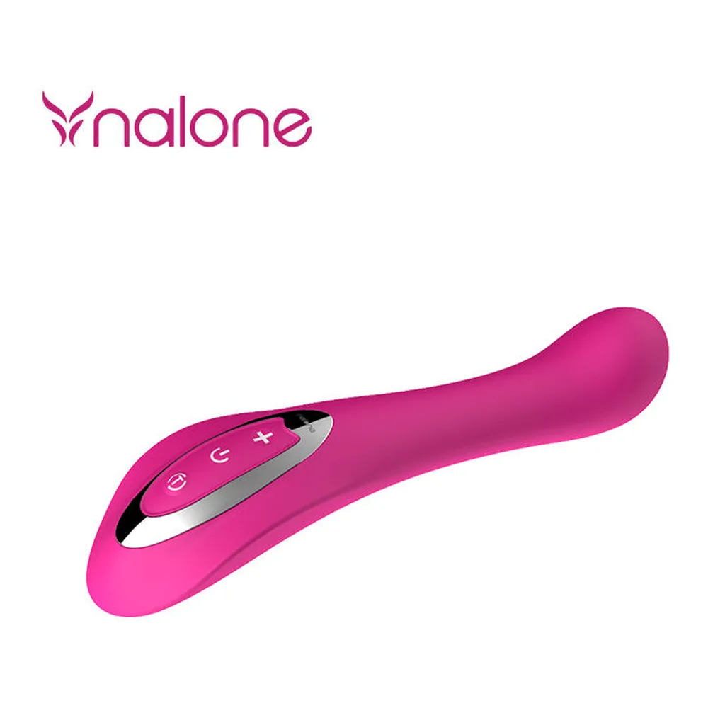 Vibromasseur rose fuchsia en silicone avec contrôle tactile intégré à la coque, boutons de commande au centre, design épuré fuselé sur fond blanc