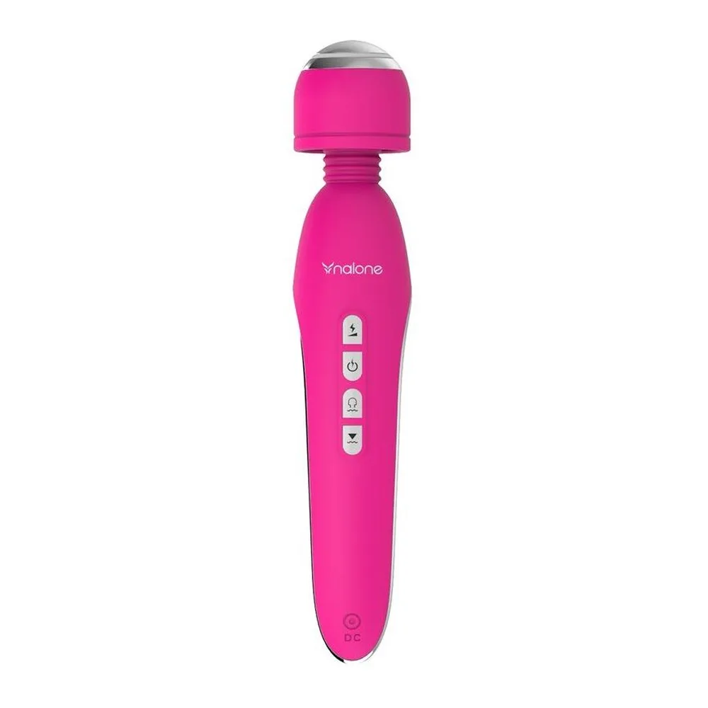 Vibromasseur rechargeable rose fuchsia avec tête arrondie en métal, corps ergonomique et quatre boutons de contrôle blancs sur le côté, fond blanc