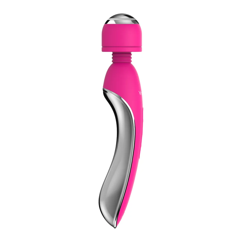 Vibromasseur rechargeable rose fuchsia avec tête arrondie en métal, corps ergonomique et quatre boutons de contrôle blancs sur le côté, fond blanc