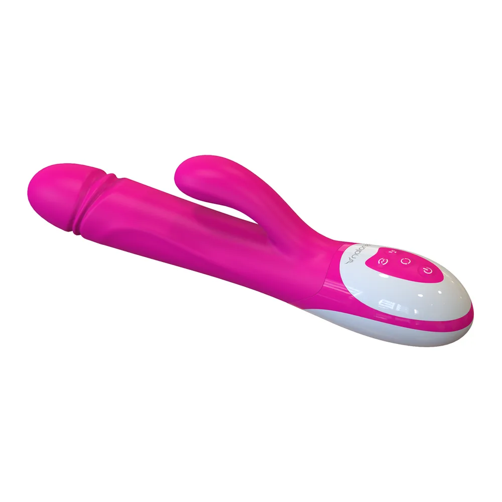 Vibrateur rose et blanc avec branche stimulatrice latérale courbe, corps principal cylindrique et poignée ergonomique, sur fond blanc