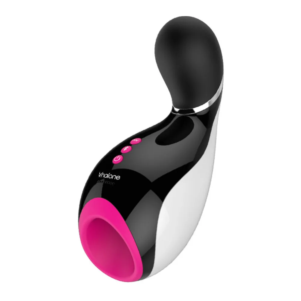 Masturbateur Oxxy en silicone noir et blanc avec embout rose vif, tête arrondie, trois boutons de contrôle et anneau métallique, sur fond blanc