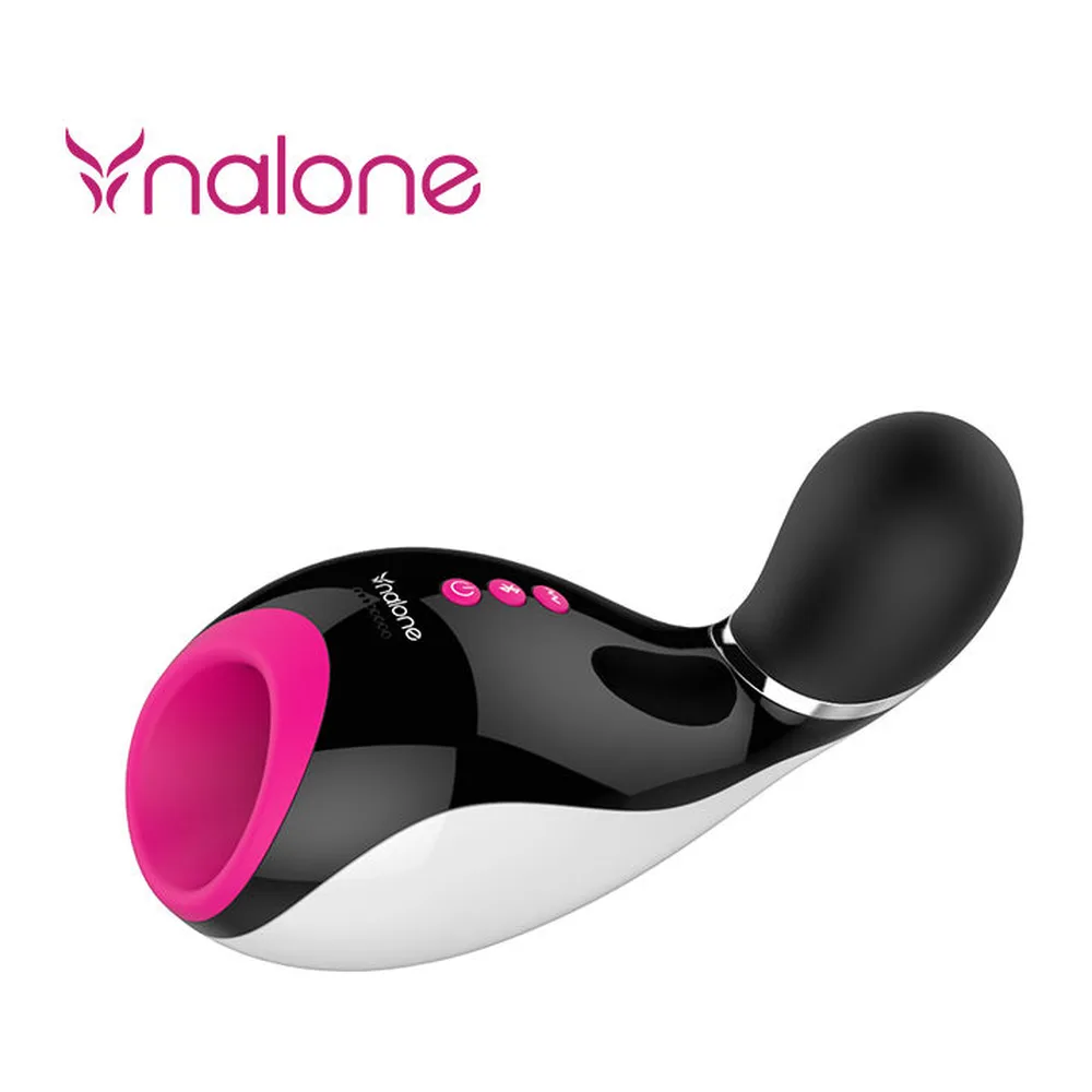 Masturbateur Oxxy en silicone noir et blanc avec embout rose vif, tête arrondie, trois boutons de contrôle et anneau métallique, sur fond blanc