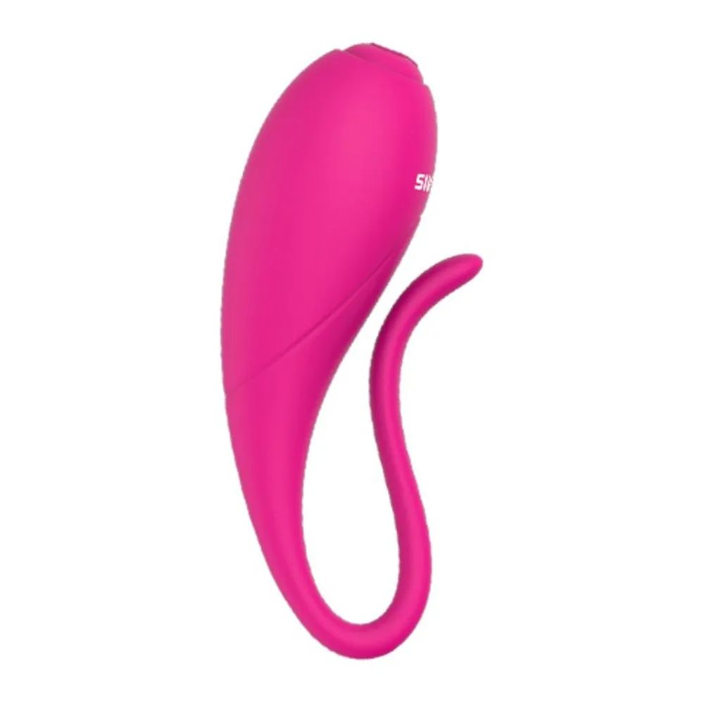 Pince vibrante rose bonbon en silicone avec corps arqué et queue recourbée, sur fond blanc